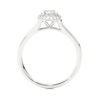 Side profile of 2 Ct Round Cut Moissanite Halo Engagement Ring In White Gold, highlighting the brilliant center moissanite stone., highlighting the prong setting.