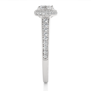 Side profile of 2 Ct Round Cut Moissanite Halo Engagement Ring In White Gold, highlighting the brilliant center moissanite stone., highlighting the prong setting.