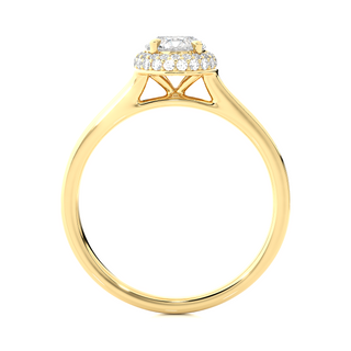 Side profile of 2 Ct Round Cut Moissanite Halo Engagement Ring In Yellow Gold, highlighting the brilliant center moissanite stone., highlighting the prong setting.