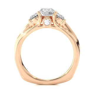 Side profile of 2 Ct Round Moissanite Three Stone Engagement Ring In Rose Gold, highlighting the brilliant center moissanite stone., highlighting the prong setting.