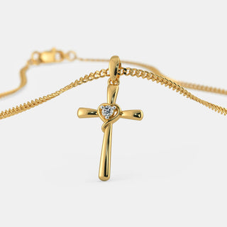 1 Carat Round Shaped Solitaire Moissanite Cross Pendant in Yellow Gold