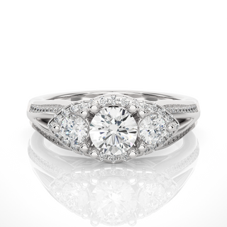 Halo Three Stone Split Shank Moissanite Ring silver