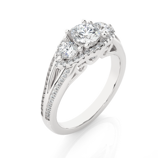Halo Three Stone Split Shank Moissanite Ring silver