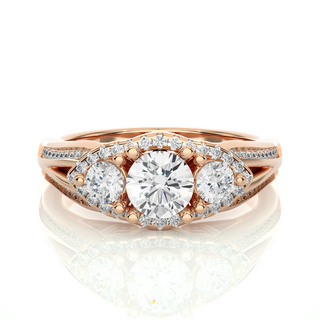 Halo Three Stone Split Shank Moissanite Ring rose gold