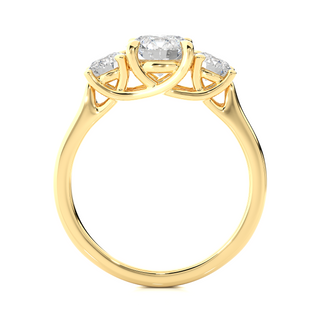 Side profile of 1.50 Ct Round Moissanite Three Stone Engagement Ring In Yellow Gold, highlighting the brilliant center moissanite stone., highlighting the prong setting.