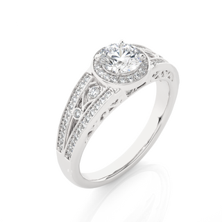 Round Stone Split Shank with Halo Moissanite Engagement Ring silver