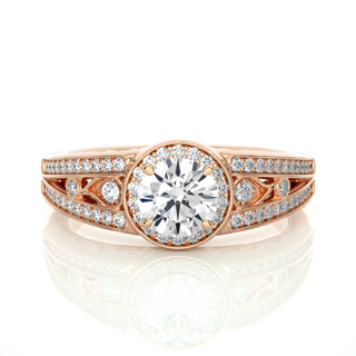 Round Stone Split Shank with Halo Moissanite Engagement Ring rose gold