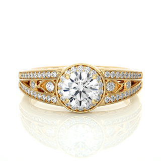 Round Stone Split Shank with Halo Moissanite Engagement Ring yellow gold