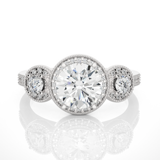 3 Ct Round Cut Three Stone Halo Moissanite Ring In White Gold
