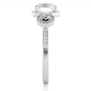 Three Stone with Halo Setting Moissanite Ring white gold
