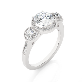Three Stone with Halo Setting Moissanite Ring white gold