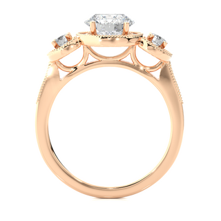 Three Stone with Halo Setting Moissanite Ring rose gold