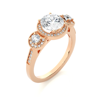 Three Stone with Halo Setting Moissanite Ring rose gold