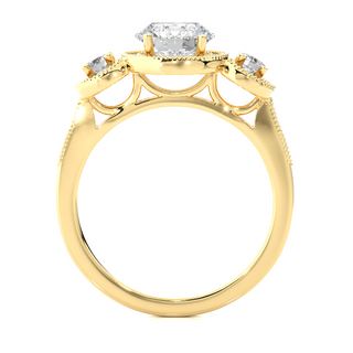 Three Stone with Halo Setting Moissanite Ring yellow gold