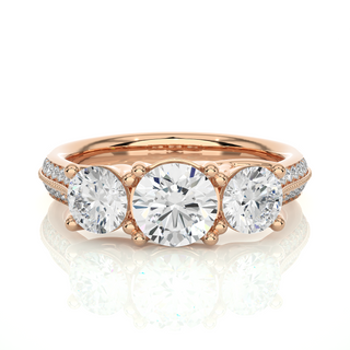 Three Stone with Two Row Pave Moissanite Ring rose gold