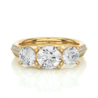 Three Stone with Two Row Pave Moissanite Ring yellow gold