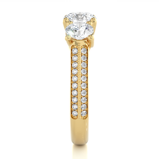 Three Stone with Two Row Pave Moissanite Ring yellow gold